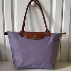 Longchamp La Pliage Lilac Nylon Shoulder Bag with Brown Leather Trim